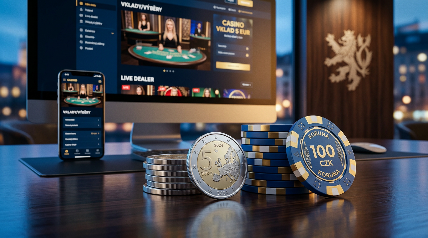 Stack of 5 Euro coins and casino chips representing low deposit online casinos