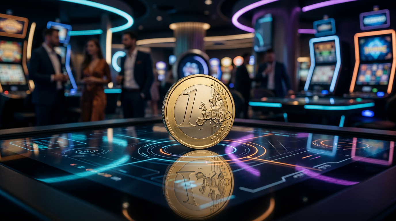 Detailní pohled na 1 euro minci na digitálním herním stole v moderním online kasinu
