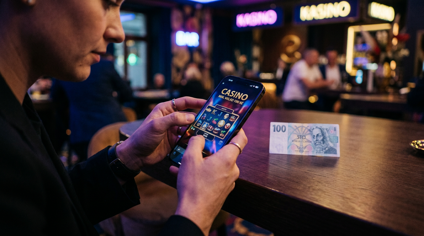 Detailní záběr na mobilní hraní v kasinu s českou bankovkou v pozadí
